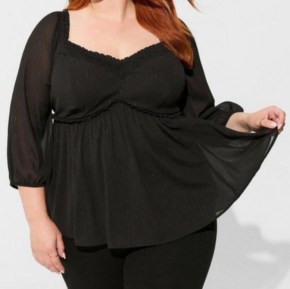 Torrid Babydoll Crinkle Chiffon Blouson Sleeve Top Sz 1 - Picture 1 of 4